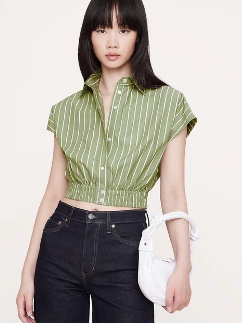 Banana Republic COTTON POPLIN CROPPED SHIRT Green Stripe